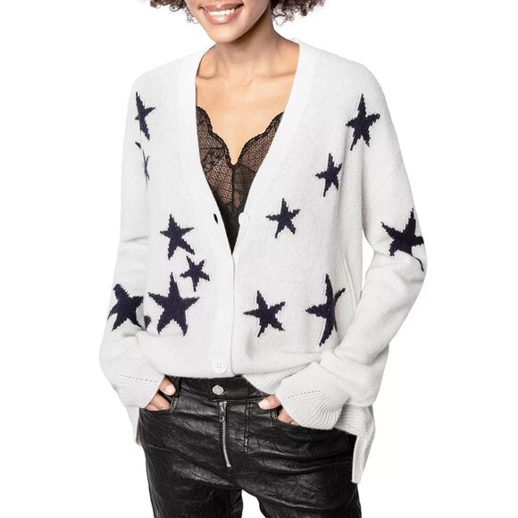 Zadig & Voltaire Cream White "Mirka" Star Motif Cashmere Cardigan sz M - Picture 6 of 7